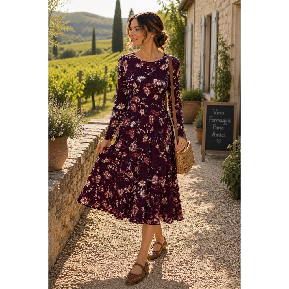 Eliza J Plum Floral Long Sleeve Fit & Flare Midi Dress Women's Size 12